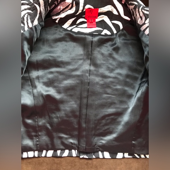 V Cristina Black Silver Metallic Floral Print Double Breasted 3/4th Sleeves SZ M - Picture 11 of 15